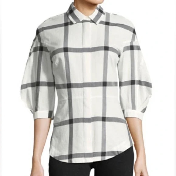 DEREK LAM - 10 Crosby Luxury ¾ Sleeve Check-Print Shirt w/ Lace-Up Back SIZE 2 - Picture 1 of 8